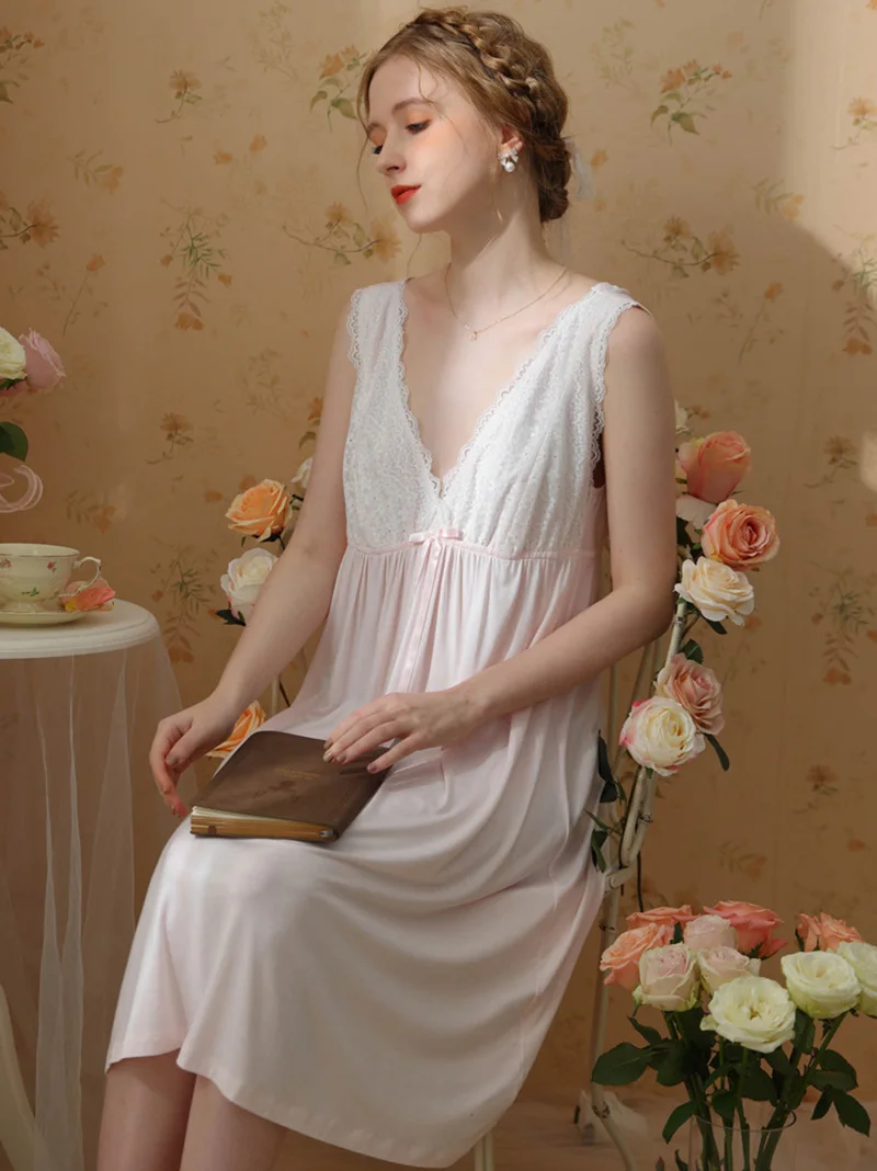 Women Spring Summer Sleepwear Sexy Lace Crop Sleeveless Nightdress Modal Fairy V-neck Princess Pajamas Victorian Nightgowns