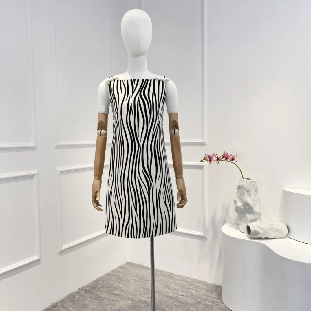 

High Quality Zebra Sleeveless Mini Dresses Women 2023 Spring Summer Black White Stripe Bow Fadhion Clothes