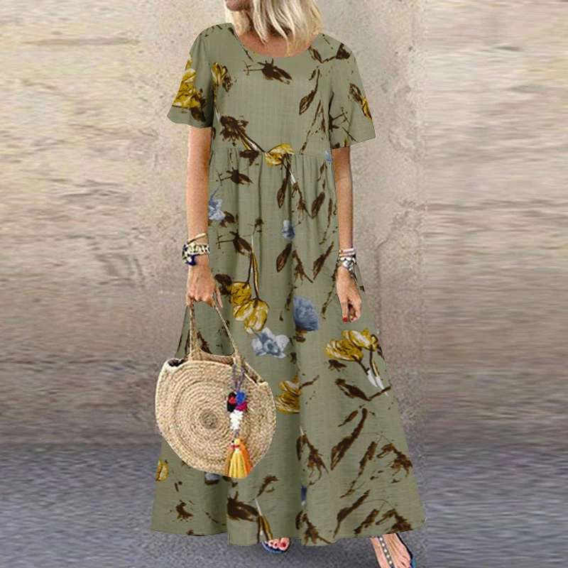 

Vintage Floral Printed Short Sleeve Dress Women Summer 2021 O-Neck Loose Casual Long Maxi Dress Cotton and Linen Size Robe Plus