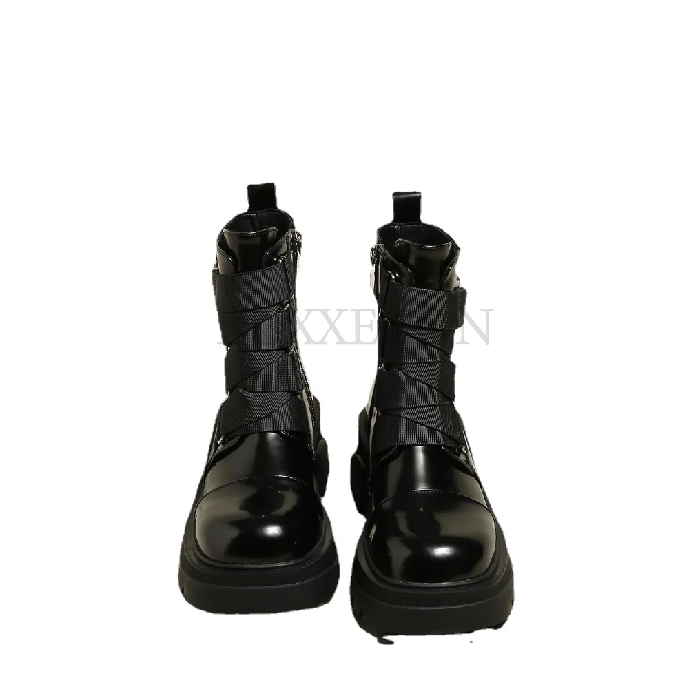 

Women black thick soled ankle boots platform square high heel women short boots patent PU leather round head women boots