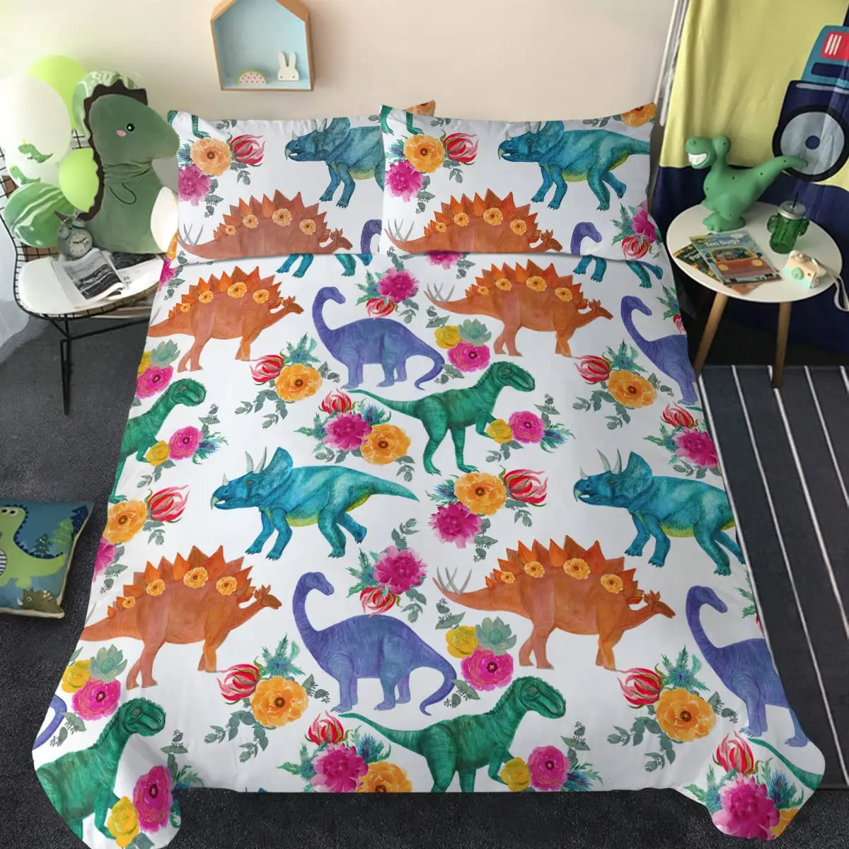 

Dinosaur Print Duvet Cover Set for Twin Size Boys Cute Ancient Animal Bedding Set Hand Drawn Dino Cartoon Polyester Quilt