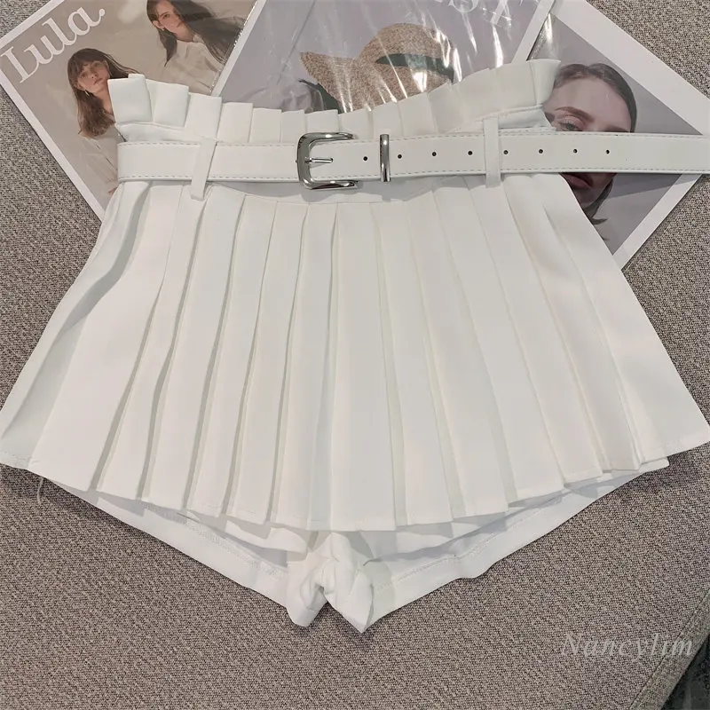 2023 Summer New Korean Style Slim-Fit Sweet Preppy Style Pleated Shorts Woman High Waist Casual All-Matching Short White Black