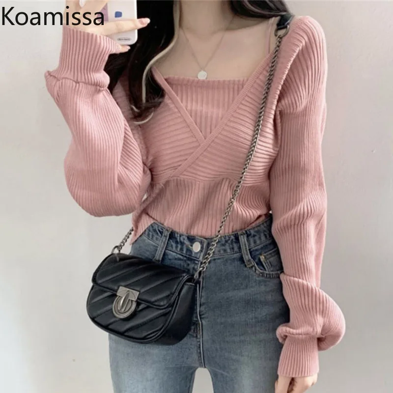 

Koamissa Ribbed Women Knitted Pullover Fashion Solid Long Sleeve Fake Two Piece Sweaters Fall Winter Square Collar Warm Jumper