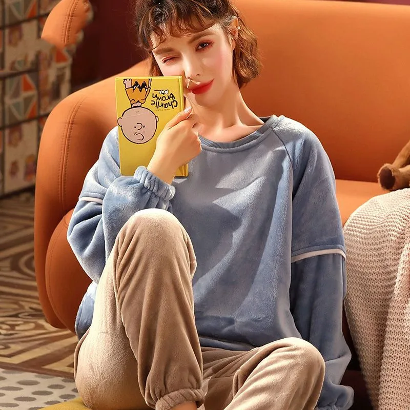 Cartoon Pajamas Set Sexy Sleepwear For Women Flannel Full-Length Pyjama Women's  Winter 2022 Fashion Homewear Clothes Plus Size