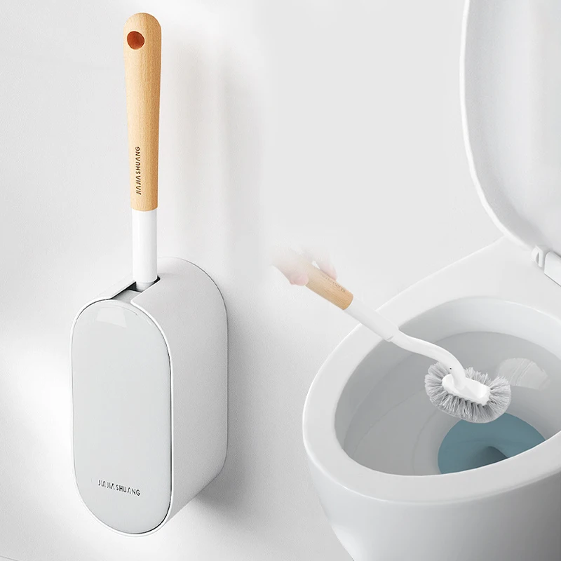 Toilet Brush Wall Mounted Non Perforated Wooden Handle Household Toilet No Dead Corner Cleaning Brush Set