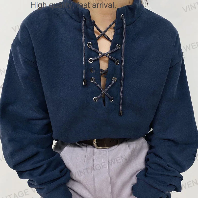 

Navy Blue Retro Drawstring V-neck White Sweater Women's Fashionable Ins Lace-up Top Simple