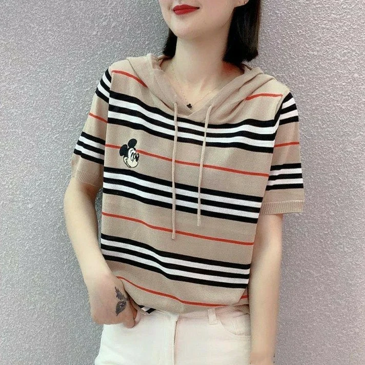 

2281 미키후드티 여성후드티 스트라이프 반팔후드티 반팔티셔츠 데일리룩