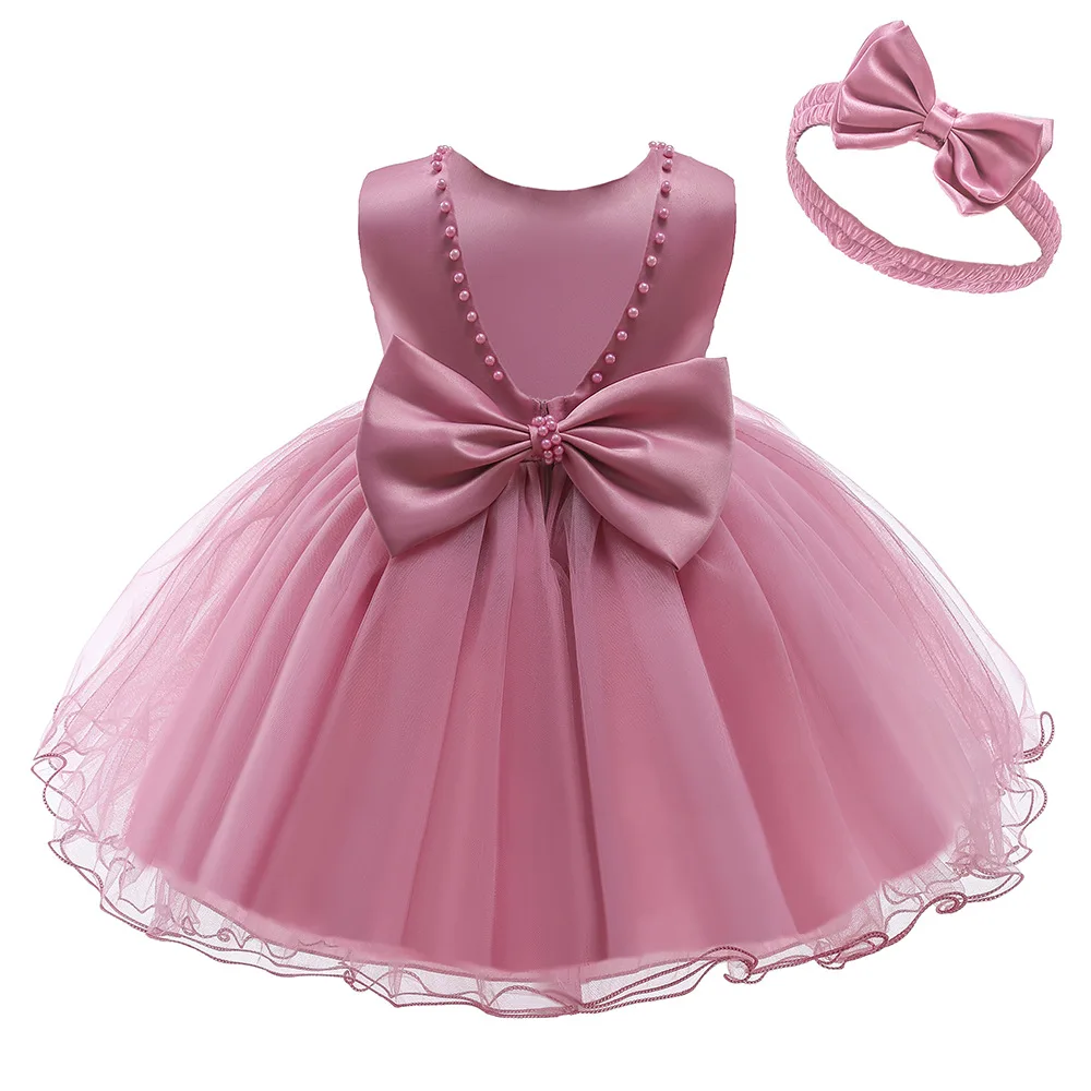 

2023 New Mesh Kids Dress For Girl Weddings Party Christmas Clothing Princess Red Dresses With Bow Children Prom Ball Gown Pearls