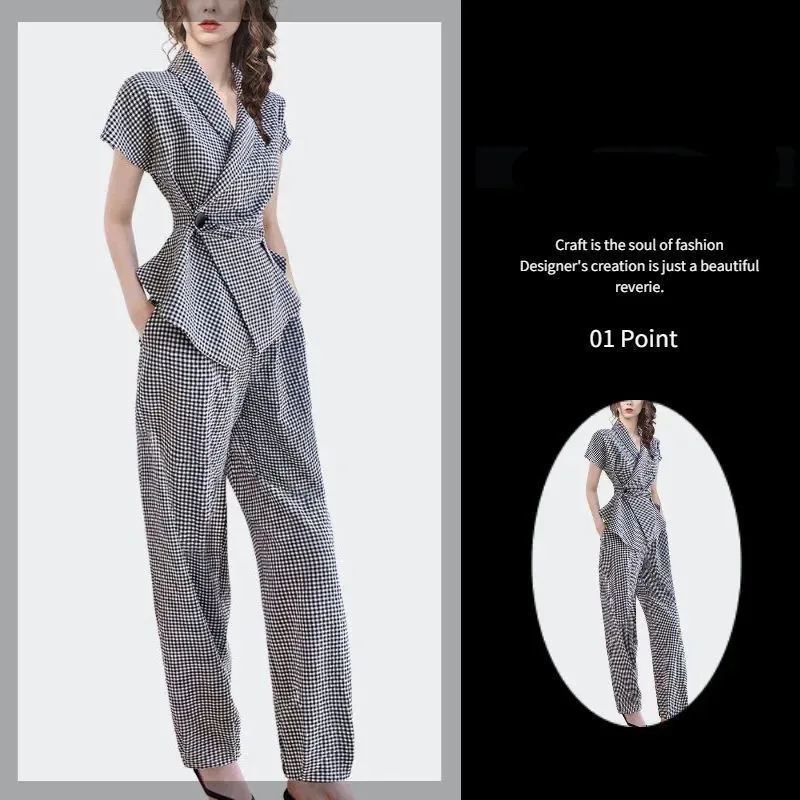 Checkered Panel Side Button Short Sleeved Jacket Blazer Casual Wide Leg Pants Two-piece Elegant Women's Pants Set Summer Office