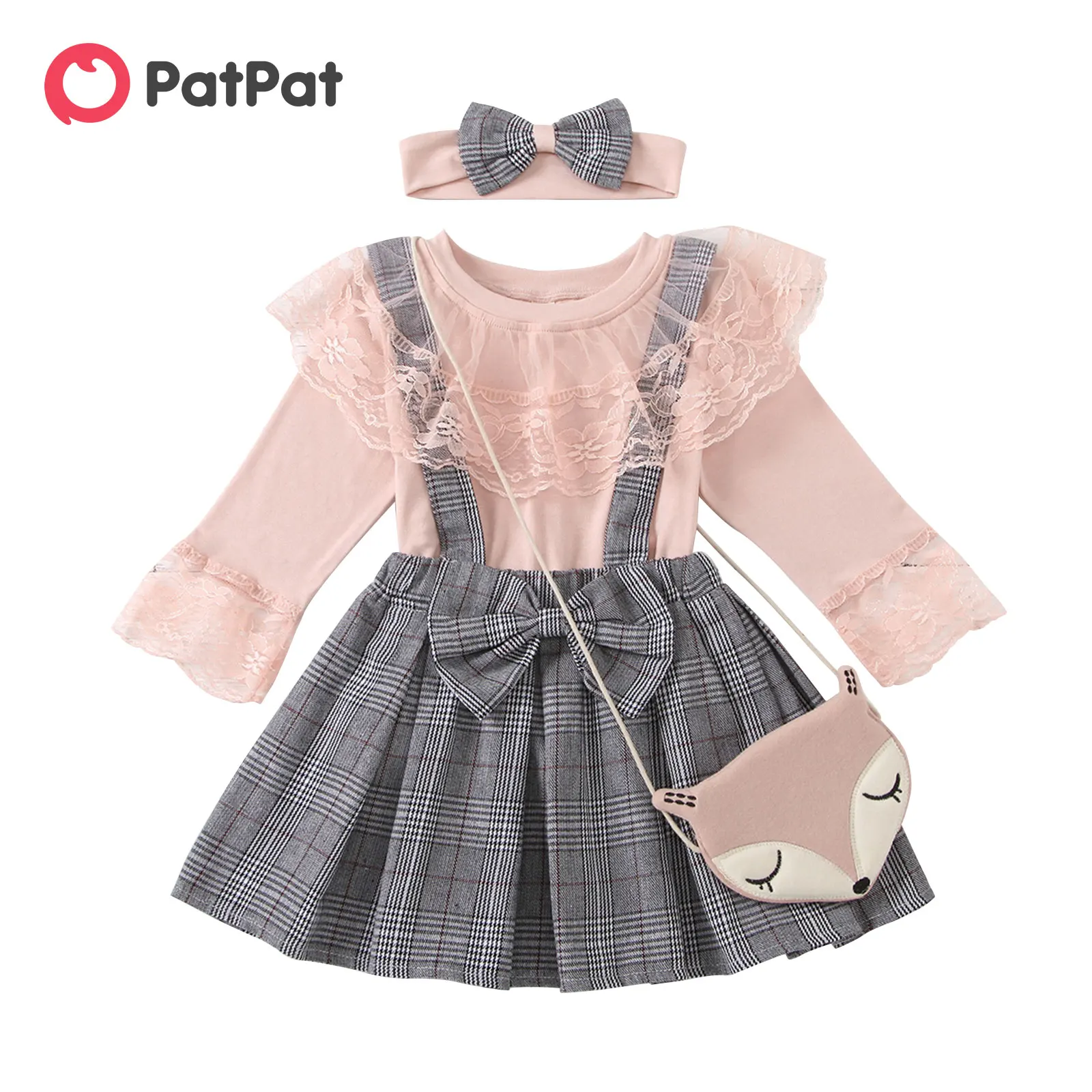 

PatPat 3-piece Baby / Toddler Lace Top and Bow Plaid Strap Skirt Set