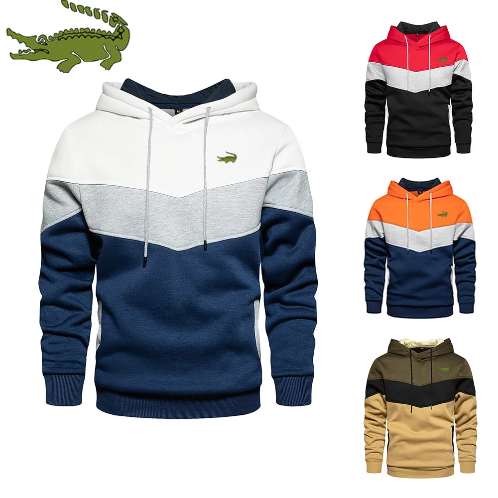 

Trending Men Hoodies Splicing Pullover 2022 Autumn Winter Fleece Warm Long Sleeve Outwear Sweatshirts Casual Printed Sport Tops