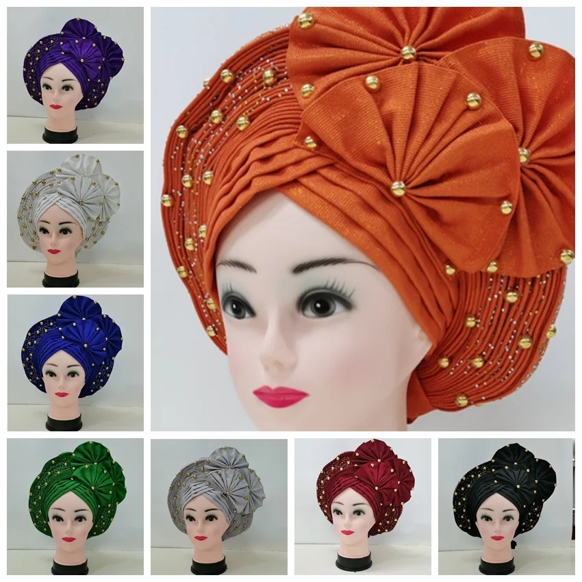 

lack African Auto Gele Aso Oke Headties With Flower Stones Beads Muslim Turban Caps Nigerian Wedding Gele Ready to Wear