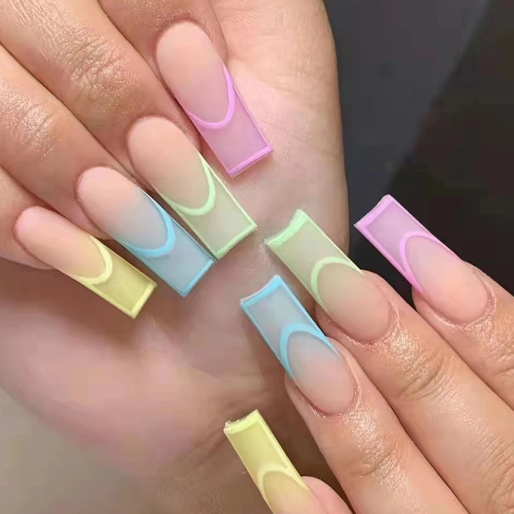 

Nail Tips Coffin Summer Rainbow False Nail Gentle Long Ballet Nail For Women 24pcs French Style Salon Finger Toes Diy Tn