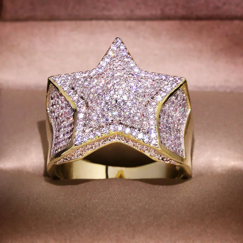 Gold Color Bling Star Pentagram Ring with Zircon Stone Hip Hop Fashion Jewelry for Women Man Wedding Engagement Ring