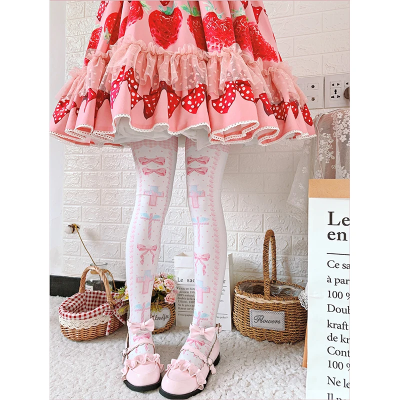 

Sweet Kawaii Soft Girl Bowtie Printed Over Knee Stocking Velvet Lolita Princess Sweet Harajuku Thigh High Socks Spring