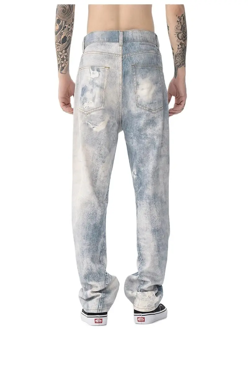 Men's 2022 autumn and winter new fashion brand digital printing retro jeans washed street mid-waist straight trousers