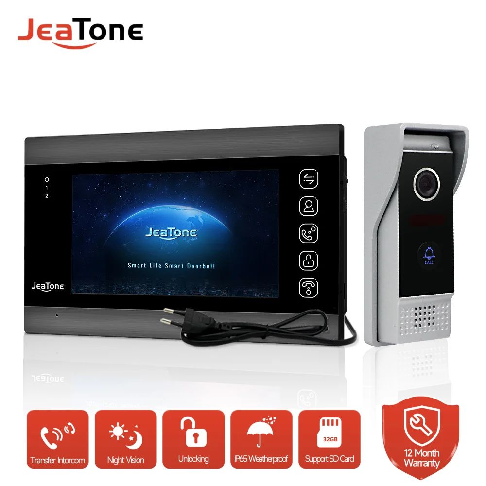 JEATONE 7 Inch Home Video Door Phone Intercom System 1200TVL Doorbell Camera Color LCD Screen for Unlock, Monitor, Two Way Talk