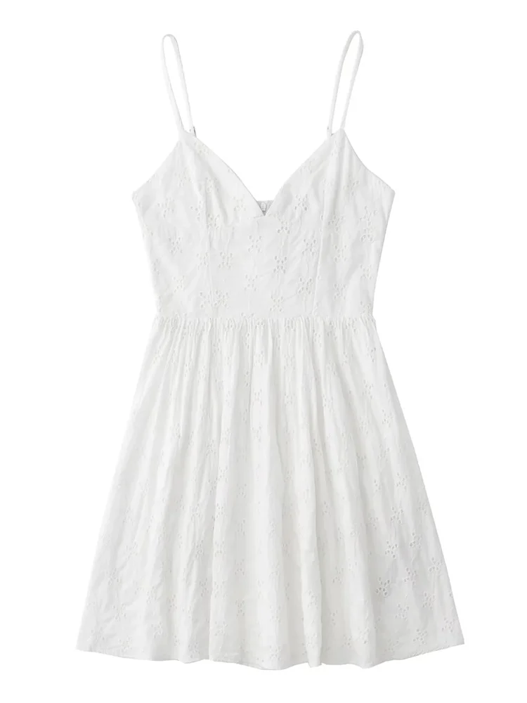 

Elegant Women White Cutwork Embroidery Mini Dress 2022 Summer High Waist A-Line With Thin Strap Sexy Backless Femme Vestidos