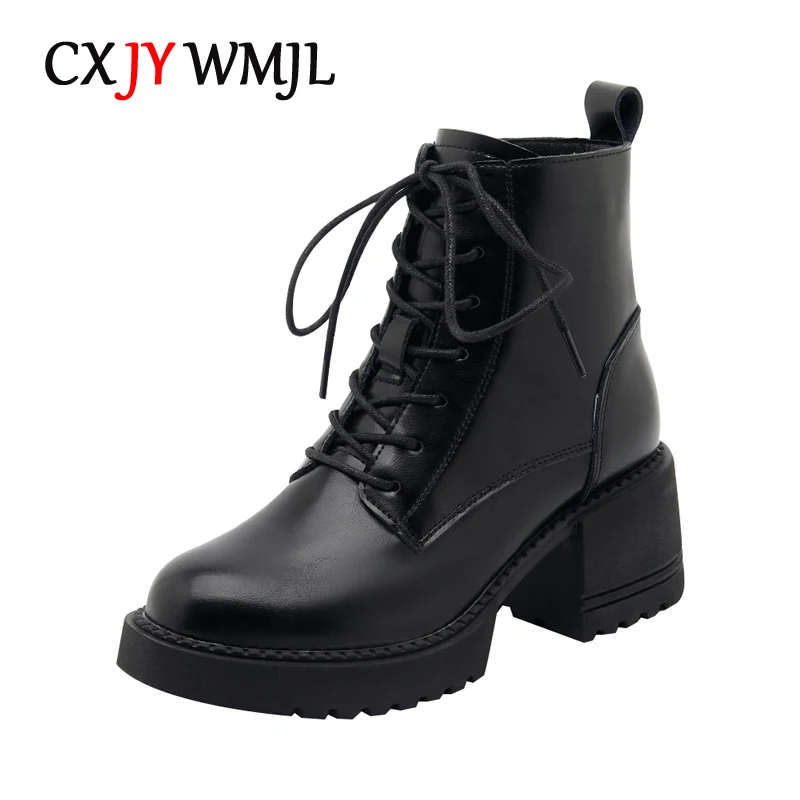 

CXJYWMJL Genuine Leather Women Ankle Boots Autumn Thick Heel Bootie Ladies British Style Winter Shoe Side Zipper Motorcycle Boot
