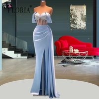 sky blue simple evening dress mermaid 2022 spaghetti straps sweetheart pleat vestido de festa longo satin corset prom gown