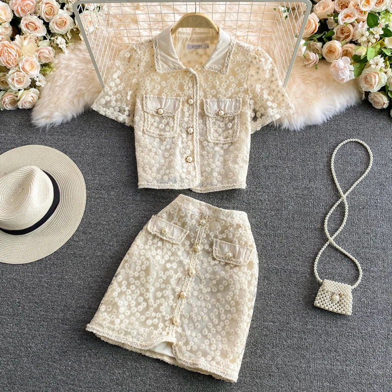 

Fashion Lace Short Sleeve Shirt and Skirt 2 Piece Summer Elegant Embroidery Set