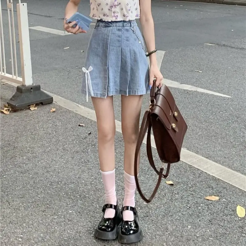 

2022 Summer Women's New Fashion Hot Girl Denim Skirt High Waist College Style Design Niche Bow-knot Pleated Skirt