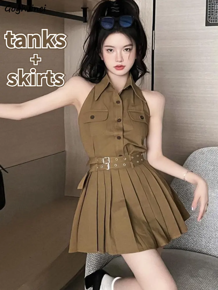 

Sets Women Hotsweet Pockets Tanks Mini Pleated Belt Skirts Summer Cool Streetwear Simple Schoolgirls Popular Casual Ulzzang Chic