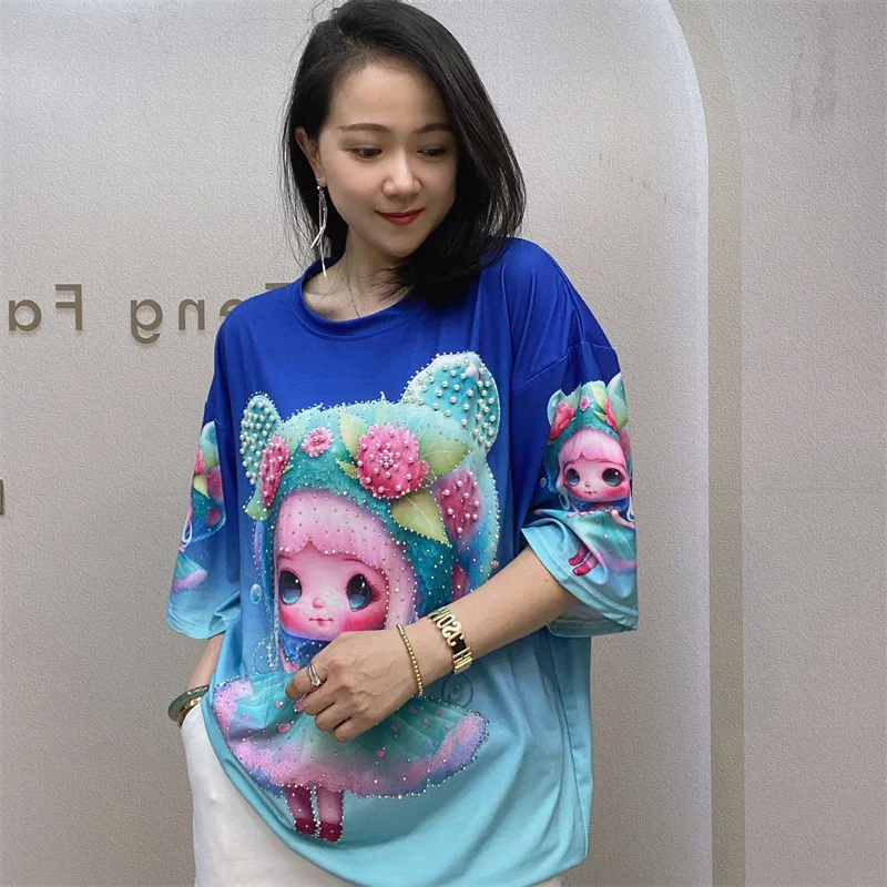 

Модная футболка с коротким рукавом с мультяшным принтом для женщин, новинка на лето, тяжелая вышивка, популярный Свободный пуловер для женщ...