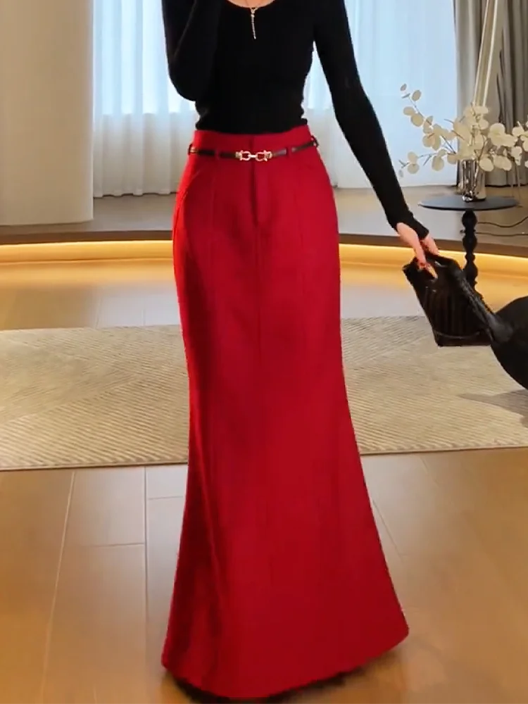 Plus Size Elegant Slim fit Red Sheath Fishtail Skirt Women Autumn New Fashionable Fashion High Waist All-Match Long dress