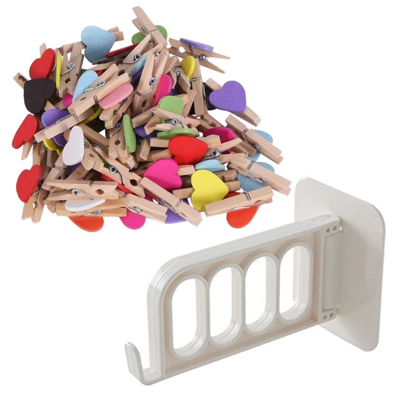 

100Pcs Mini Wooden Love Heart Pegs Photo Paper Clip & 1 Pcs Clothes-Hook Plastic Wall Mount Traceless Storage Holders