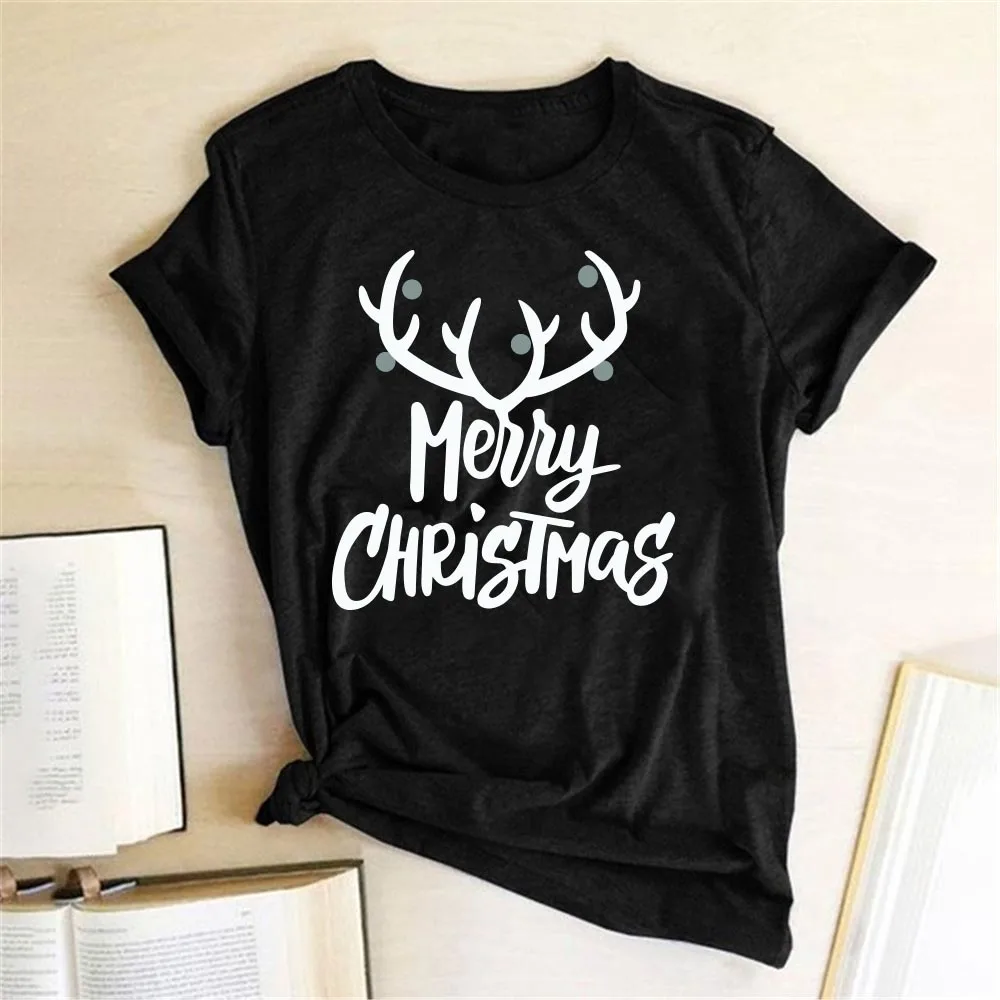 

Seeyoushy Merry Christmas Antlers Printing Holiday Woman Tshirts Harajuku Short Sleeve O Neck T Shirt for Lady S-xl Ropa Mujer