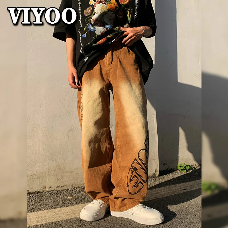 Men's Brown Y2K Clothes Printed Jeans Men Baggy Destroyed Jeans Denim Straight Trousers Wide Leg Pants Streetwear Y2K For Men