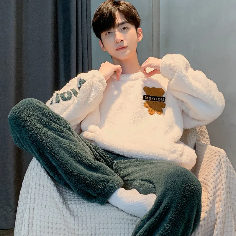 Зимний теплый пижамный комплект мужской Пушистый пуловер + длинные брюки из