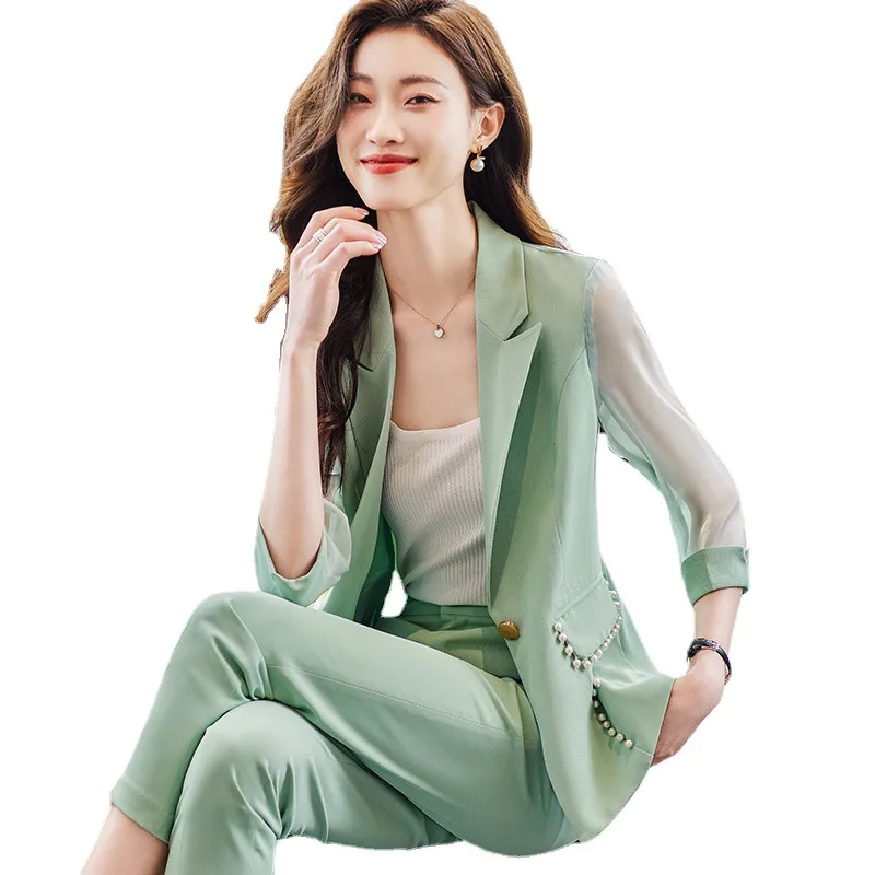 

Green Mesh Lace Design Half Sleeve Suits Women Summer New Fashion Business Slim Blazer And Pants Office Ladies Work Wear Pink