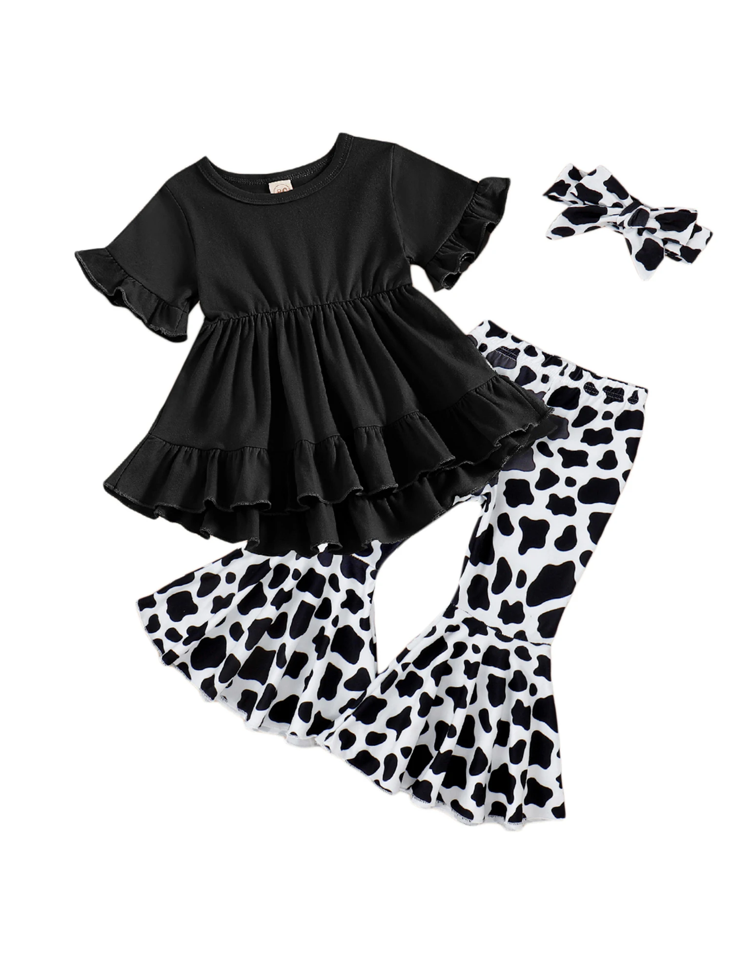 

Kid Girls Pants Set Short Sleeve Ruffled T-shirt with Bull Cow Pattern Flare Pants and Bowknot Headband