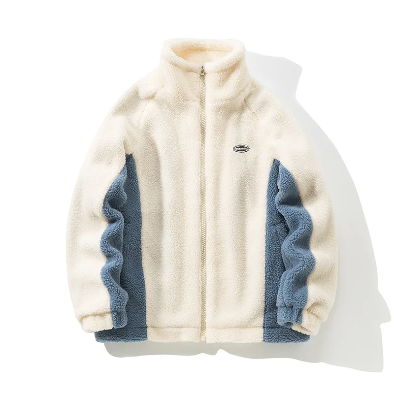 

Winter Men Lambswool Fleece Parkas Thick Velvet Oversize Coat Streetwear Patchwork Color Fleece Fluffy Jacket Men