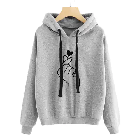 Women Hoodies Casual Kpop Finger Love Heart Pattern Hoody Sweatshirts Fashion Hoodie Autumn Winter Female Pullovers Streetwear