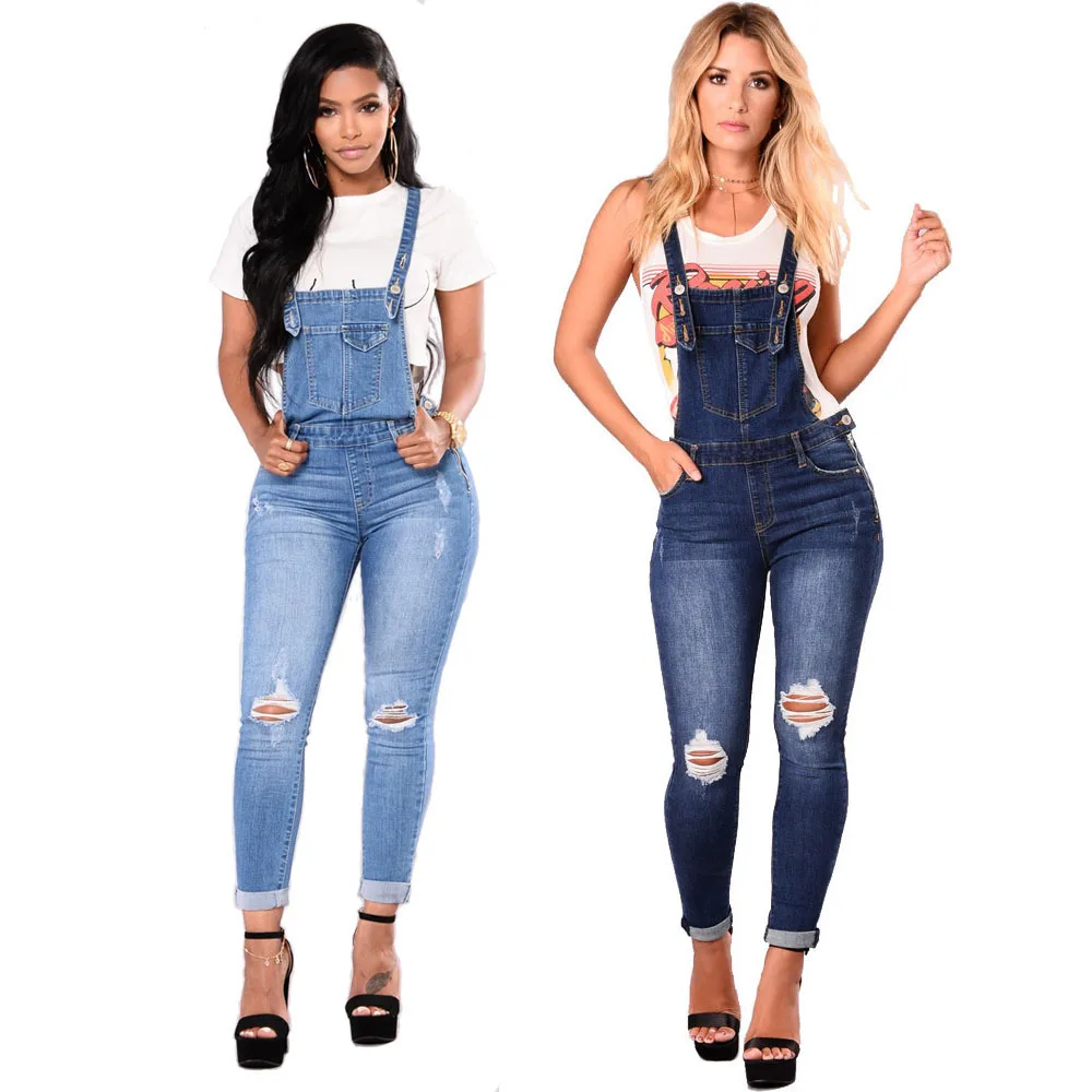

European and American new women's denim ripped buttocks straps rolled feet nine points women's jeans overalls women