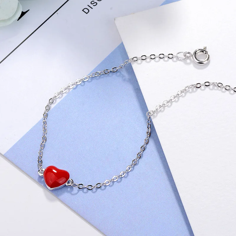 

925 Sterling Silver Bracelet Anklet Fashion Red Love Ankle Peach Heart Chain Linked For Women Charm Bangle Jewelry Pulseira