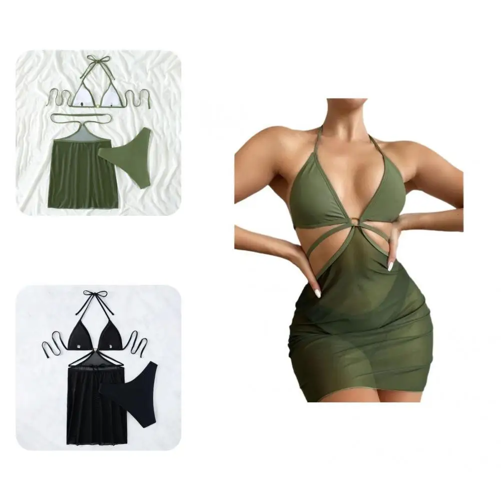 

3Pcs/Set Bathing Suit Underwire Summer Halter Sleeveless Off Shoulder Swimsuit Split Bikini for Beach