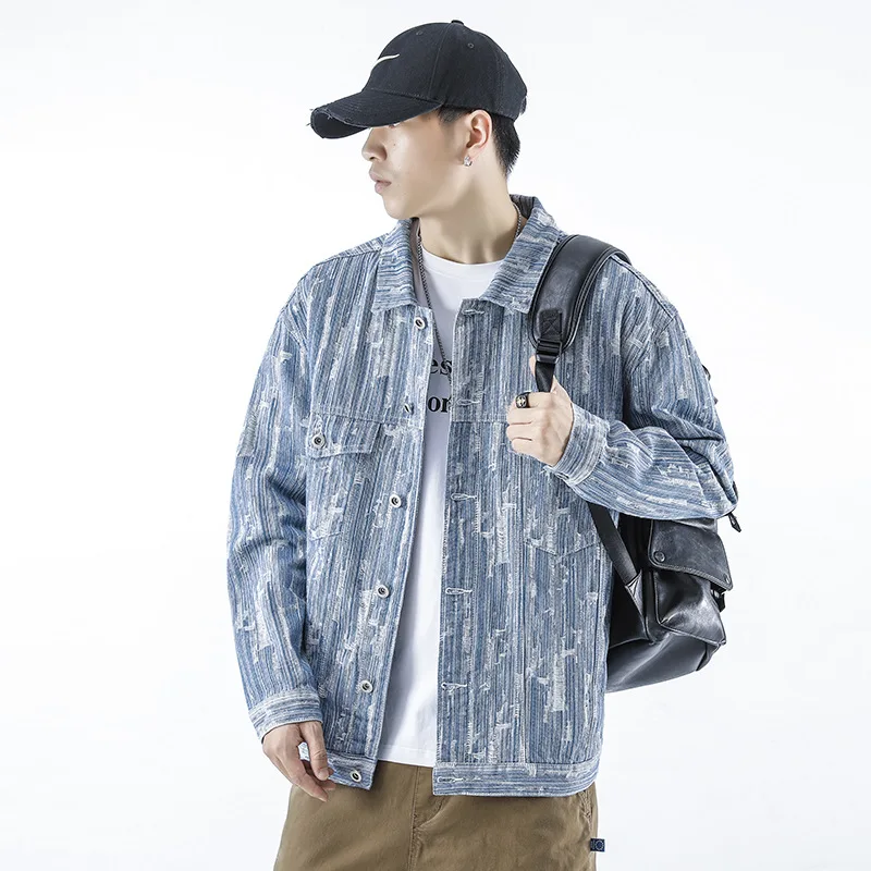 

Vintage Hole Denim Men's Jacket Top Lapel Street Casual Jacket Autumn New Outdoor Male Long Sleeve Loose Cowboy Coat