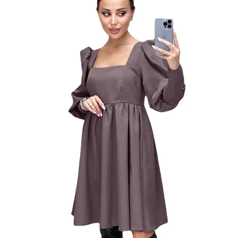 

Purple Black Dress Women Clothes Spring Autumn Square Collar Puff Sleeve Mini Dresses Elegant Pleated A-Line Dress Ropa De Mujer
