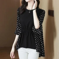 fashion casual polka dot printing patchwork irregular female shirt o neck flare sleeve loose blouses womens clothes summer 2022