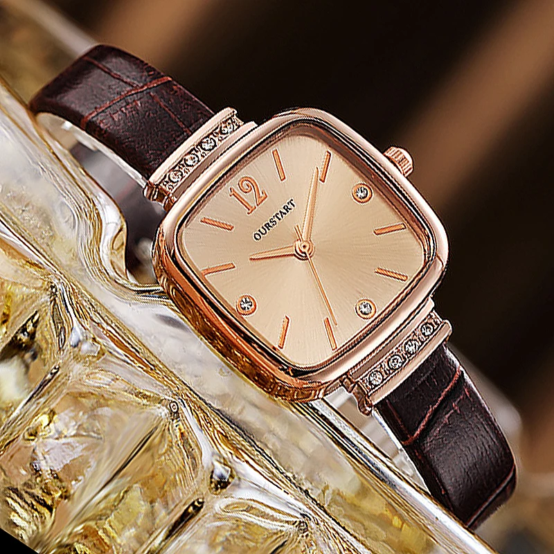 

Women's Vintage Mechanical Pointer Quartz Wristwatches Luxury Diamond Inlaid Fashion Square Leather Watch Timer Business Watches