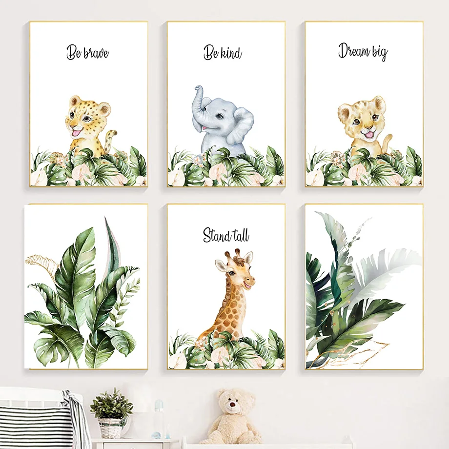 

Leopard Lion Elephant Giraffe Monkey Monstera Wall Art Canvas Painting Nordic Posters And Prints Wall Pictures Kids Room Decor