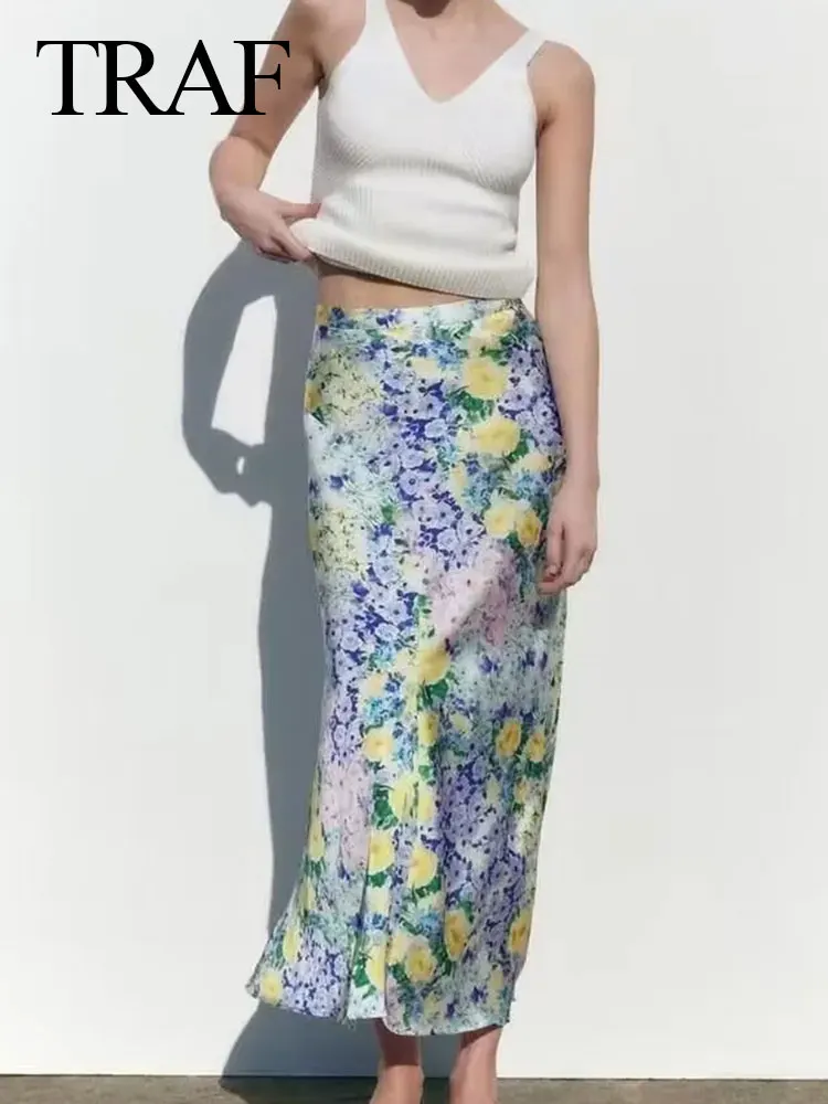 

TRAF 2023 Women's Satin Skirt High Waist Slim Side Zipper Midi Skirts Elegant Floral Print Female Summer Casual Skirts