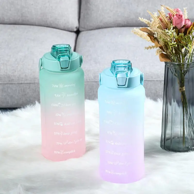 

2L Large Capacity Sports Water Bottle Straw Cup Gradient Color Plastic Water Kettle With Time Marker Outdoor Gym Fitness Bottle