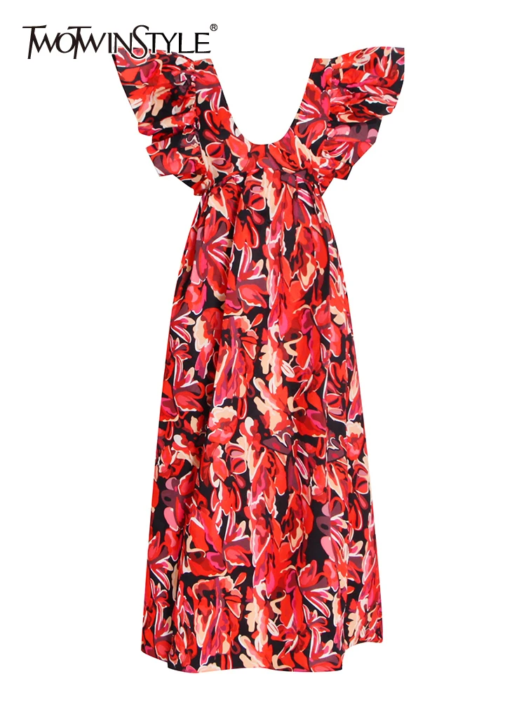 

TWOTWINSTYLE Backless Hit Color Print Dresses For Women Round Neck Flying Sleeve High Waist Spliced Zipper Elegant Dress Female