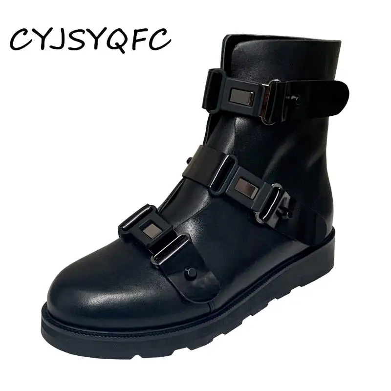 CYJSYQFC Autumn Flat Platform Women Martin Boots Round Toe Thick Bottom Buckle Strap Ankle Boots Black Short Tube Couple Shoes