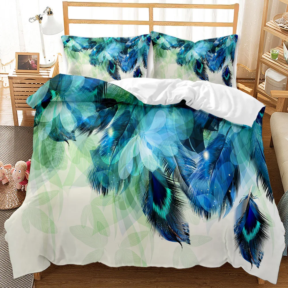 

Feathers Duvet Cover King/Queen Size Peacock Bird Flight Animals Feathers Bedding Set Blue-green 2/3pcs Polyester Quilt Cover